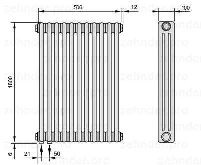 Схема (чертеж) Радиатор Zehnder Charleston 3180/11 №3370 Белый глянцевый RAL 9016